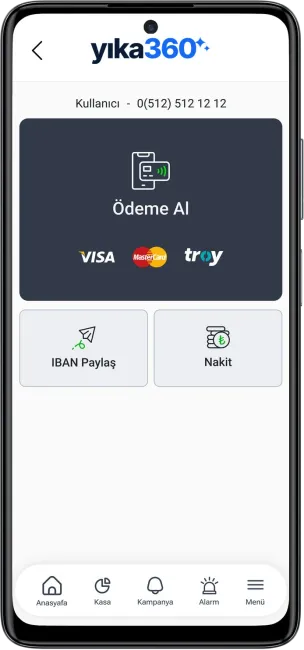 Cep telefonu biçimindeki yıka360 Cep POS cihazı; ekranında ödeme alma menüsü, kart markaları ve nakit ile IBAN seçenekleri görünüyor