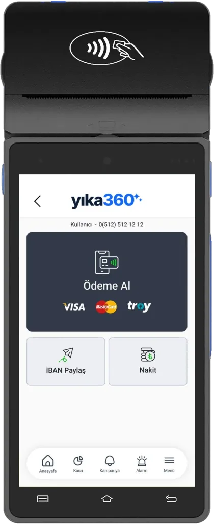 Yazıcılı yıka360 Android POS cihazı; ekranında ödeme alma menüsü, kart markaları ve nakit ile IBAN seçenekleri görünüyor